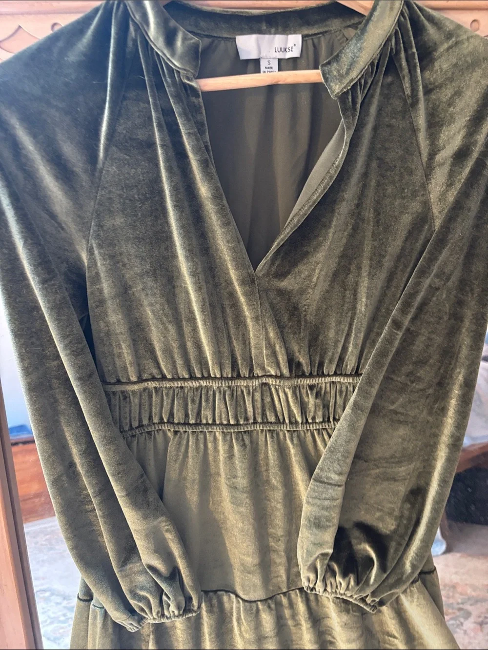 Olive Green Velvet Tiered Long-Sleeve Dress